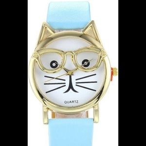 Woman’s Cat with Glasses watch - Sky Blue